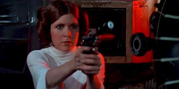 Leia med en blaster i Star Wars