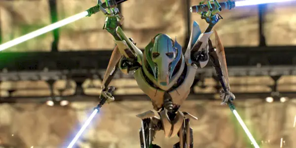 General Grievous viser frem sine fire armer og lyssværd mens han forbereder seg på å duellere Obi-Wan på Utapau i Revenge of the Sith