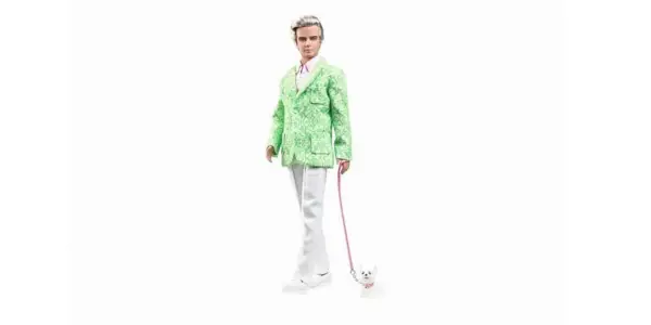Bábika Sugar Daddy Ken stojí so svojím psom Sugarom