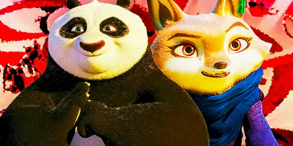 Et sammensatt bilde av Po som poserer mens han smiler og Zhen ser bestemt ut mot et rødt bakteppe i Kung Fu Panda-filmene