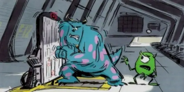 Monsters Inc 2 Concept Art af Sulley og Mike åbner en dør