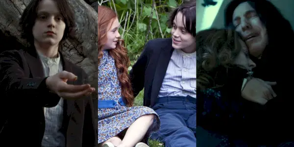 Collage del joven Snape extendiendo la mano, los jóvenes Lily y Snape sentados en el césped y hablando y el adulto Snape sosteniendo a Lily