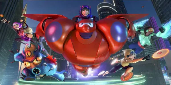 Baymax는 Big Hero 6에서 나머지 팀원들과 함께 비행합니다.