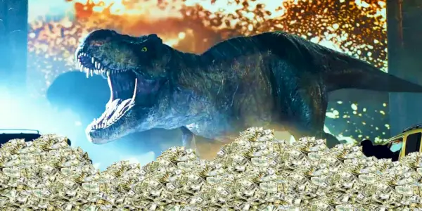 T-Rex de Jurassic World Dominion avec une grosse pile d'argent devant