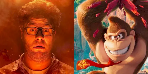Seth Rogen ser overrasket ud i This Is The End og Donkey Kong smilende i Super Mario Bros The Movie