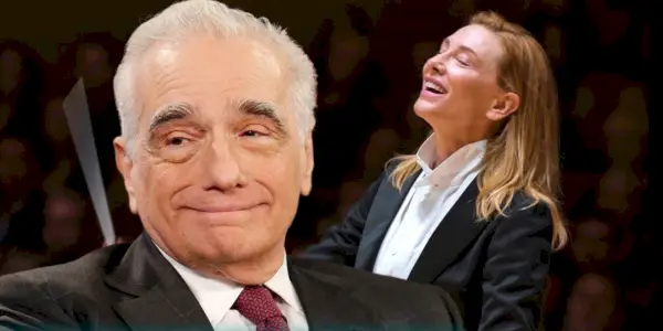 지미 킴멜 라이브(Jimmy Kimmel Live)의 마틴 스콜세지(Martin Scorsese)와 오케스트라를 지휘하며 웃고 있는 타르(Tar)의 혼합 이미지.