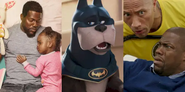 Rozdelený obraz postáv Kevina Harta vo filmoch Fatherhood, DC League of Super Pets a Central Intelligence