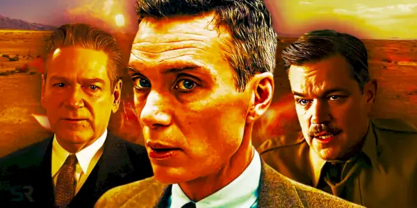 Immagine mista dei membri del cast di Oppenheimer Kenneth Branagh (Niels Bohr), Cillian Murphy (J. Robert Oppenheimer) e Matt Damon (Gen. Leslie R. Groves)