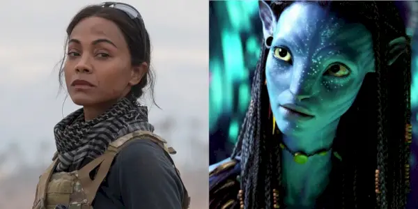 Ein zusammengesetztes Bild von Zoe Saldana und Neytiri in Avatar 2