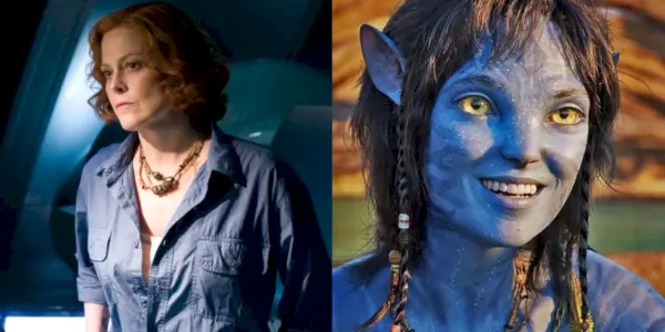 Ein geteiltes Bild von Sigourney Weaver und Kiri in Avatar 2