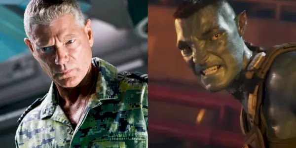 Ein geteiltes Bild von Stephen Lang und Quaritch aus Avatar 2