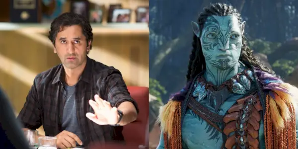 Ein geteiltes Bild von Cliff Curtis und seinem Charakter in Avatar 2