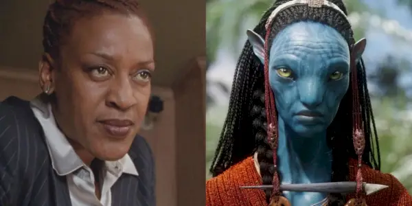 Ein geteiltes Bild von CCH Pounder und ihrem Charakter in Avatar 2