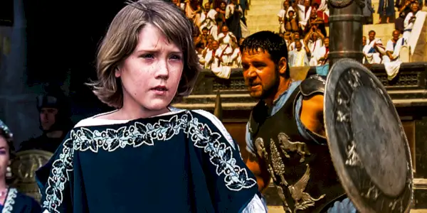 Immagine divisa di Lucius (Stephen Treat Clark) e Maximus (Russell Crowe) nel Colosseo in Il Gladiatore