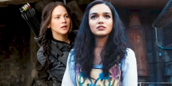 Image personnalisée de Rachel Zegler dans le rôle de Lucy juxtaposée à Jennifer Lawrence dans le rôle de Katniss dans la franchise The Hunger Games.