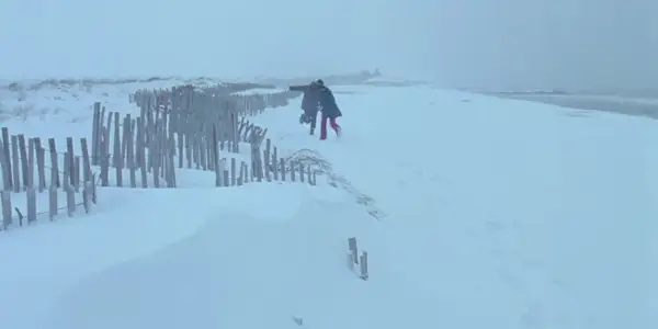 Joel a Clementine kráčející ve sněhu ve Věčném slunci neposkvrněné mysli.