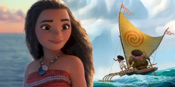 Et sammensatt bilde av Moana og et skip som seiler på havet fra Disney-filmen