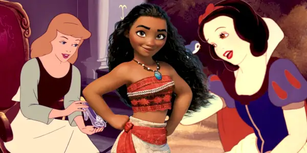 Sammensatt bilde av Askepott, Moana og Snøhvit
