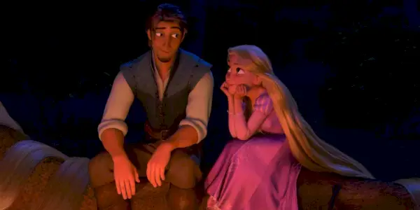 Flynn Rider og Rapunzel ved bålet i Tangled