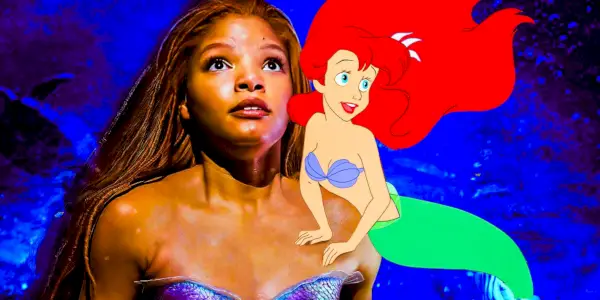 Na zmiešanom obrázku je Halle Bailey ako hraná verzia Ariel a animovaná verzia Malej morskej víly.