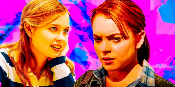 Una imagen en capas de Angourie Rice como Cady Heron en Mean Girls (2024) y Lindsay Lohan como Cady Heron en Mean Girls (2004).