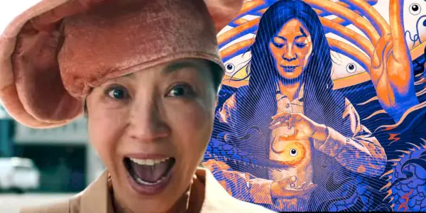 Michelle Yeoh als Evelyn Wang, die in Everything Everywhere All At Once einen Pizzahut trägt und neben einer Illustration schreit, wie sie Energie zwischen ihren Händen hält