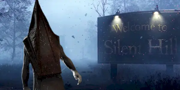 Une image composite de Pyramid Head et du panneau de bienvenue de Silent Hill
