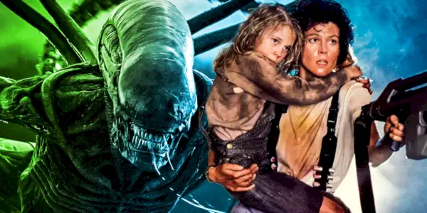 Et sammensatt bilde av Ripley med Newt og en Xenomorph