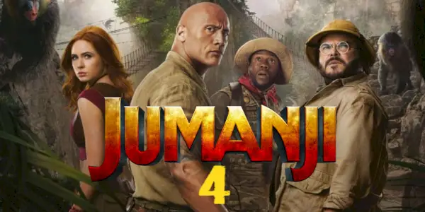 Název Jumanji 4 načmáraný přes obrázek obsazení