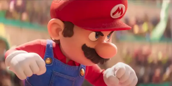 スーパーマリオブラザーズ映画で戦う準備を整えるマリオ
