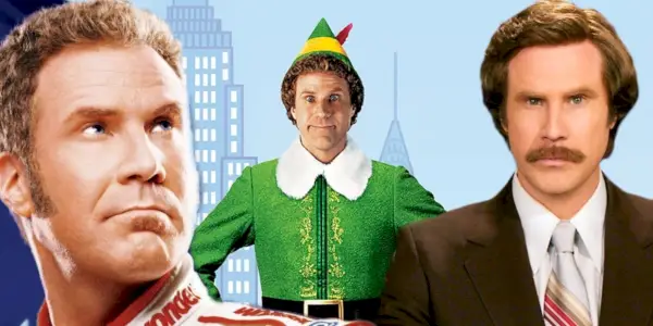Collage von Will Ferrell in Talladega Nights, Elf und Anchorman