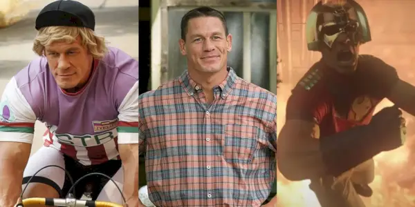Geteiltes Bild: John Cena auf einem Fahrrad/ John Cena lächelnd/ Friedensstifter bei einer Explosion