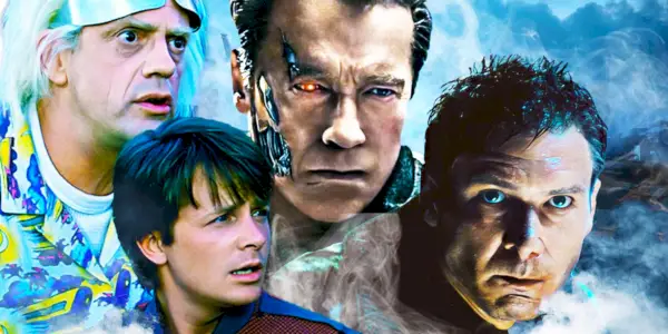 Sammensat billede af Doc og Marty, The Terminator og Harrison Ford som Blade Runner