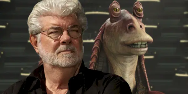 George Lucas og Jar Jar Binks side ved side i et kombinert bilde