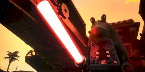 Jar Jar Binks holder et rødt lyssabel som Darth Jar Jar i LEGO Star Wars: Rebuild the Galaxy