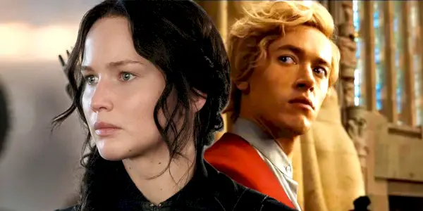 Tom Blyth jako Coriolanus Snow z Ballady o ptakach śpiewających i wężach z Jennifer Lawrence jako Katniss z Igrzysk Śmierci Kosogłos