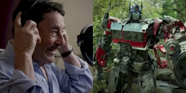 Imagen dividida de Peter Cullen en una cabina de sonido y Optimus Prime en Transformers Rise of the Beasts