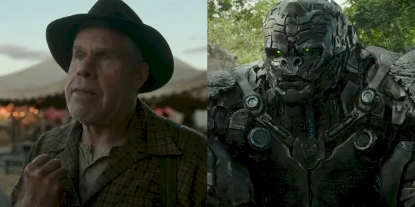 Imagen dividida de Ron Perlman en Nightmare Alley y Optimus Primal en Transformers Rise of the Beasts