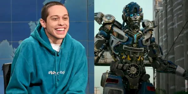 Imagen dividida de Pete Davidson en Saturday Night Live y Mirage en Transformers Rise of the Beasts