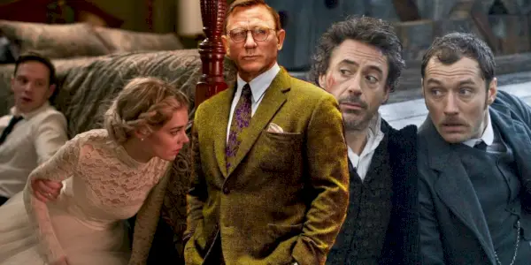 Collage de Ready or Not, Knives Out et Sherlock Holmes