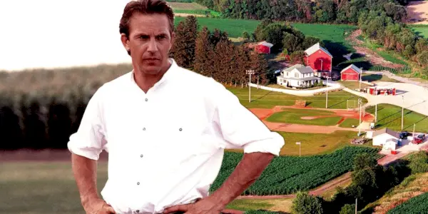 Blandet bilde av Ray Kinsella (Kevin Costner) og Field of Dreams gård og baseballbane