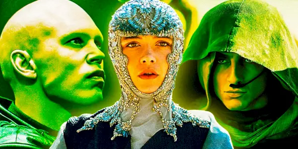 Austin Butler jako Feyd-Rautha Harkonnen, Florence Pugh jako księżniczka Irulan i Timothée Chalamet jako Paul Atreides w Dune: Part Two.