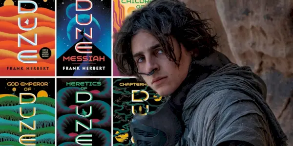 Obraz złożony z sześcioma okładkami książek Diuna i Timothee Chalamet jako Paul Atreides w Dune (2021)