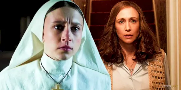 Schwester Irene und Lorraine Warren betrachten aufmerksam etwas in „The Nun II“ und „The Conjuring“.
