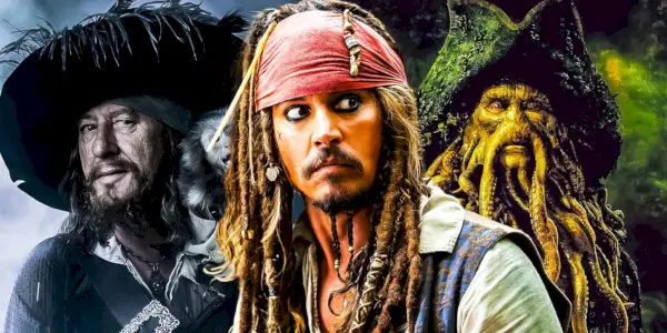 Zdjęcie Johnny'ego Deppa wyglądającego podejrzanie w roli Kapitana Jacka Sparrowa na tle zdjęć Barbossy i Davy'ego Jonesa z Piratów z Karaibów