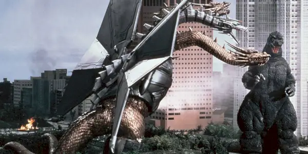 Godzilla contre le roi Ghidorah dans un parc dans le film de 1991.