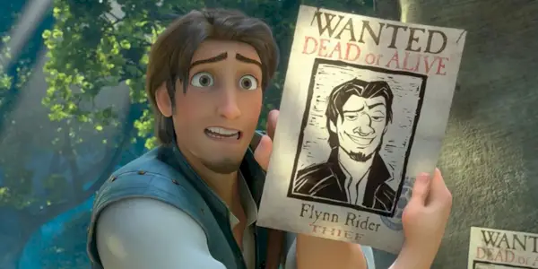 Flynn segurando um pôster de procurado em Tangled