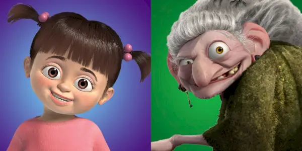 Na rozděleném obrázku je Boo z Monsters Inc a čarodějnice z Brave