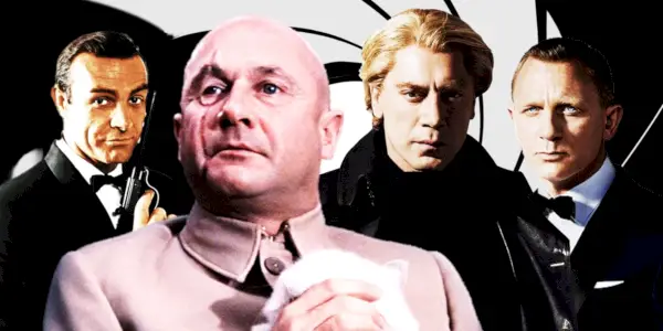 Collage af Sean Connery som James Bond, Donald Pleasence som Blofeld, Javier Bardem som Raoul Silva og Daniel Craig som James Bond
