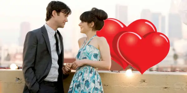 (500) Days of Summer で微笑み合うトムとサマーのイメージとハート
